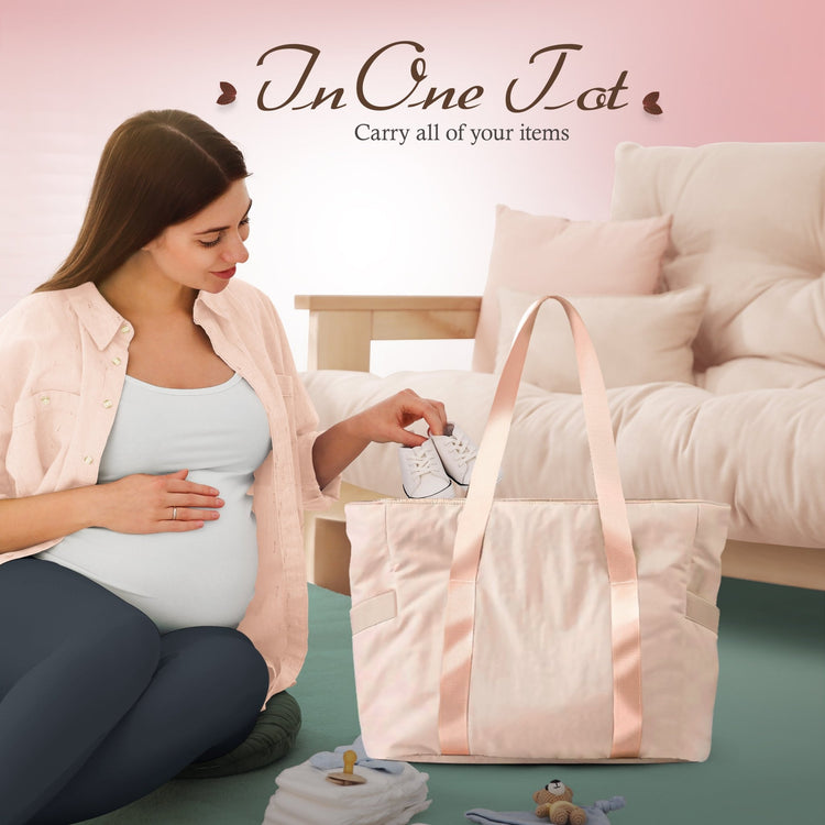 A lifestyle image showing a pregnant woman sitting on the floor, placing small white baby shoes into the open apricot tote bag. The text above reads, "In One Tote Carry all of your items," suggesting its use as a diaper or hospital bag.