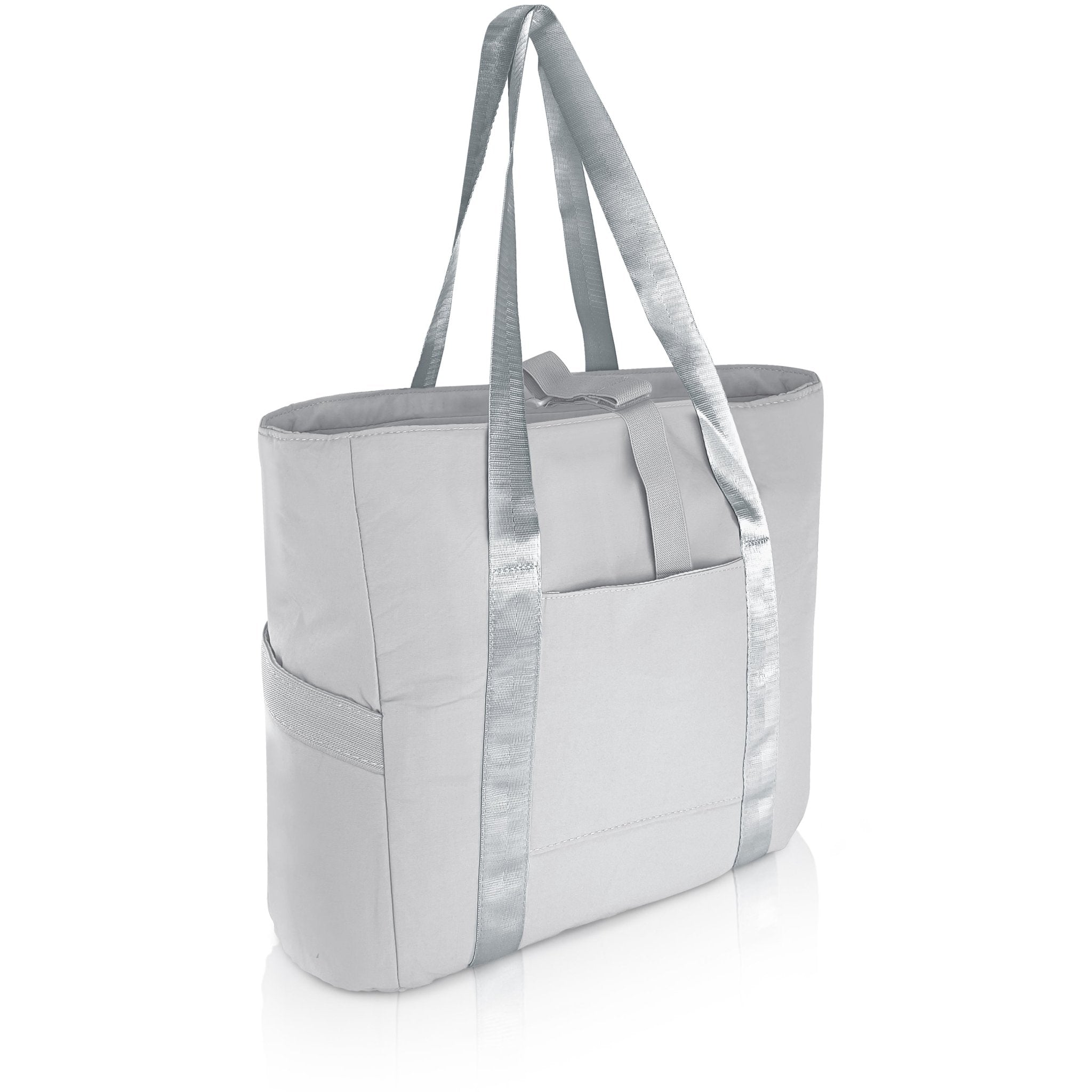A 3/4 angle studio shot of the empty gray tote bag against a white background. The image displays the dual shoulder straps, the front slip pocket, and the side elastic pockets.