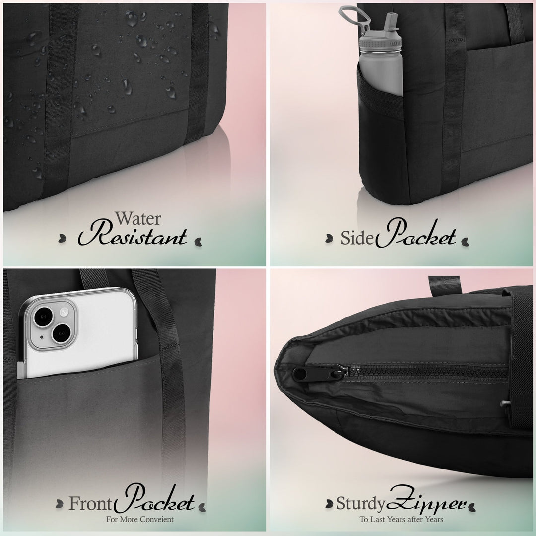 A grid layout displaying four key features of the black tote bag. Top left: water droplets sitting on the fabric with the text "Water Resistant." Top right: a water bottle tucked into the "Side Pocket." Bottom left: a smartphone placed inside the "Front Pocket." Bottom right: a close-up of the "Sturdy Zipper."