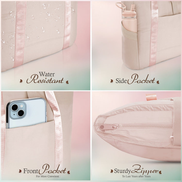 A grid layout displaying four key features of the apricot tote bag. Top left: water droplets sitting on the fabric with the text "Water Resistant." Top right: a water bottle tucked into the "Side Pocket." Bottom left: a smartphone placed inside the "Front Pocket." Bottom right: a close-up of the "Sturdy Zipper."