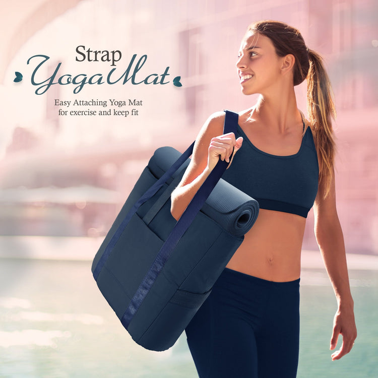 A lifestyle shot of a smiling woman in athletic wear carrying the navy blue tote bag on her shoulder. A rolled navy blue yoga mat is secured horizontally through the bag's straps. Text reads, "Strap Yoga Mat: Easy Attaching Yoga Mat for exercise and keep fit."
