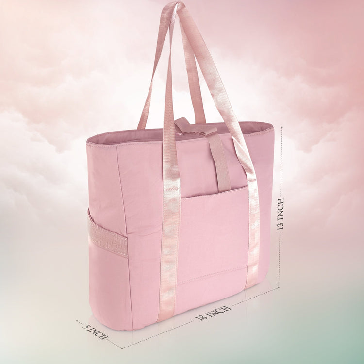 A product diagram showing the dimensions of the light pink tote bag. Dashed lines indicate the bag is "18 INCH" wide at the bottom, "13 INCH" tall, and "5 INCH" deep.