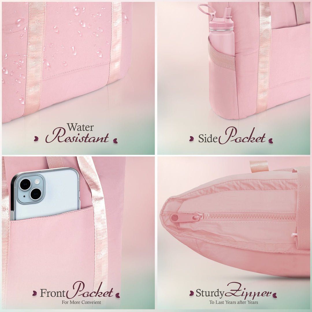 A grid layout displaying four key features of the light pink tote bag. Top left: water droplets sitting on the fabric with the text "Water Resistant." Top right: a water bottle tucked into the "Side Pocket." Bottom left: a smartphone placed inside the "Front Pocket." Bottom right: a close-up of the "Sturdy Zipper."