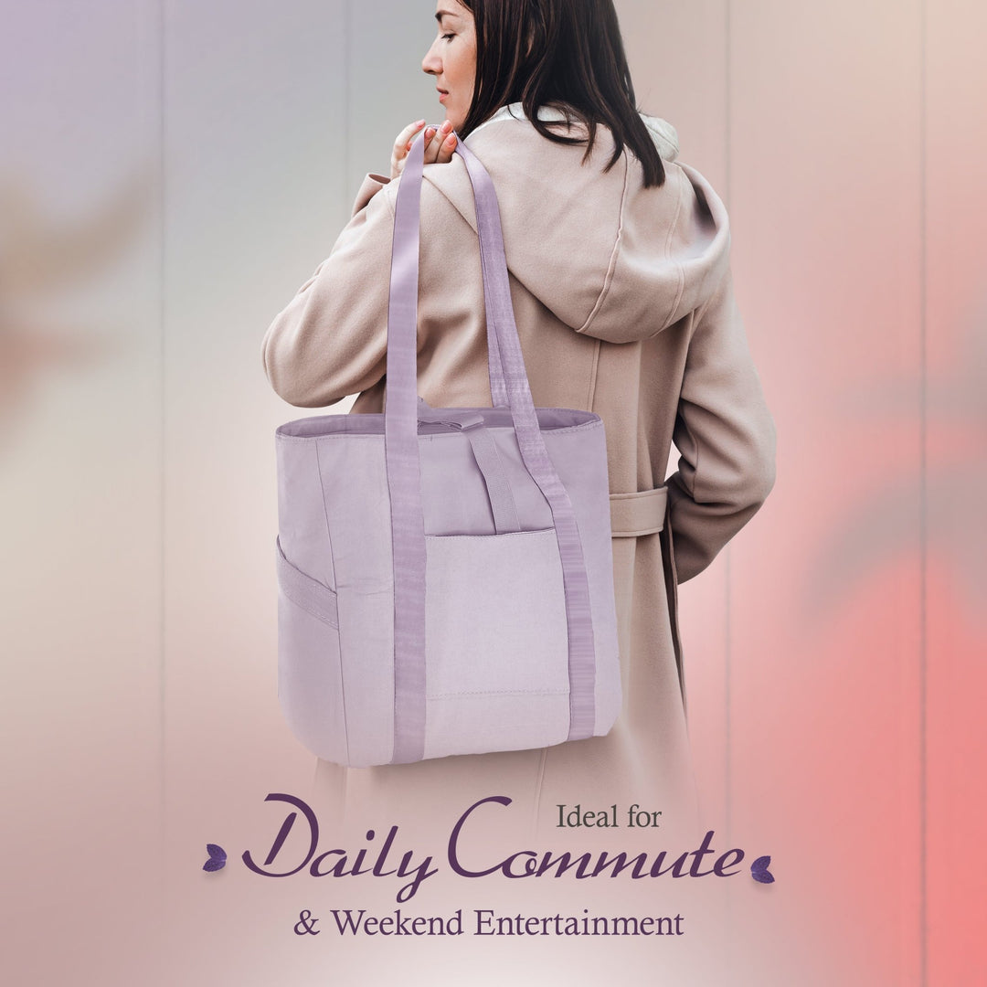 A lifestyle photo of a woman in a beige coat carrying the purple tote bag over her shoulder, viewed from behind. Text at the bottom states, "Ideal for Daily Commute & Weekend Entertainment."