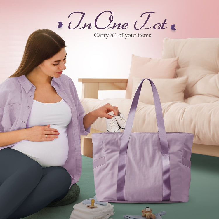 A lifestyle image showing a pregnant woman sitting on the floor, placing small white baby shoes into the open purple tote bag. The text above reads, "In One Tote Carry all of your items," suggesting its use as a diaper or hospital bag.