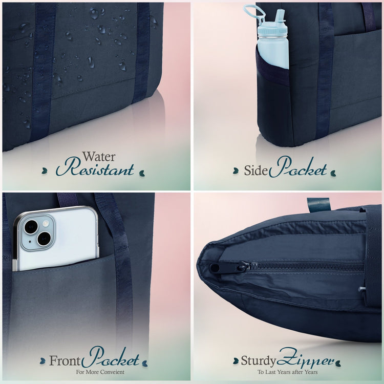 A grid layout displaying four key features of the navy blue tote bag. Top left: water droplets sitting on the fabric with the text "Water Resistant." Top right: a water bottle tucked into the "Side Pocket." Bottom left: a smartphone placed inside the "Front Pocket." Bottom right: a close-up of the "Sturdy Zipper."