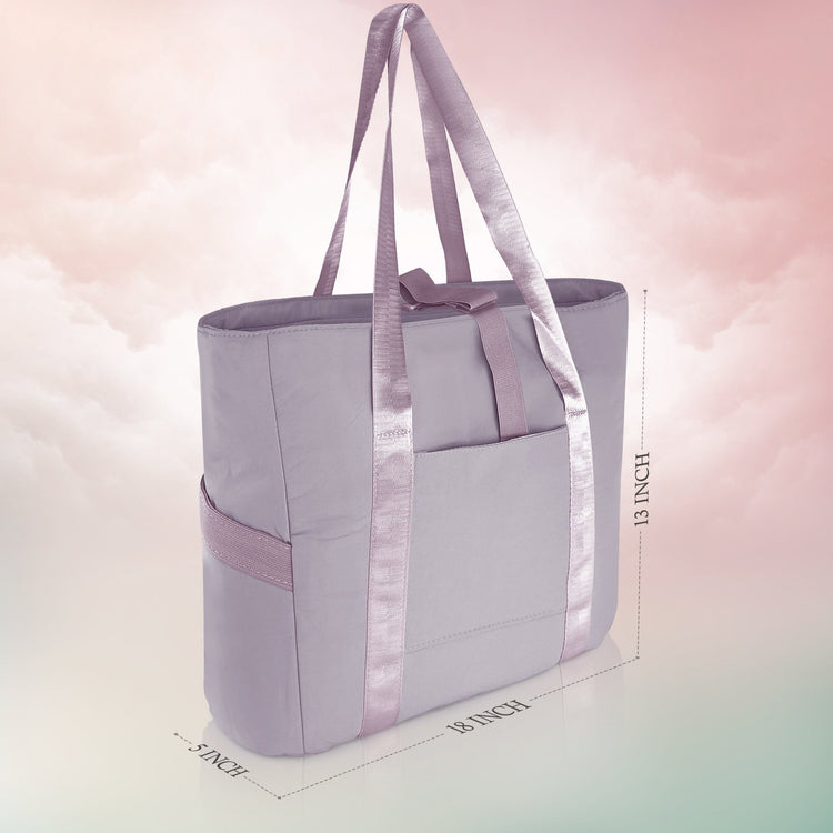 A product diagram showing the dimensions of the purple tote bag. Dashed lines indicate the bag is "18 INCH" wide at the bottom, "13 INCH" tall, and "5 INCH" deep.