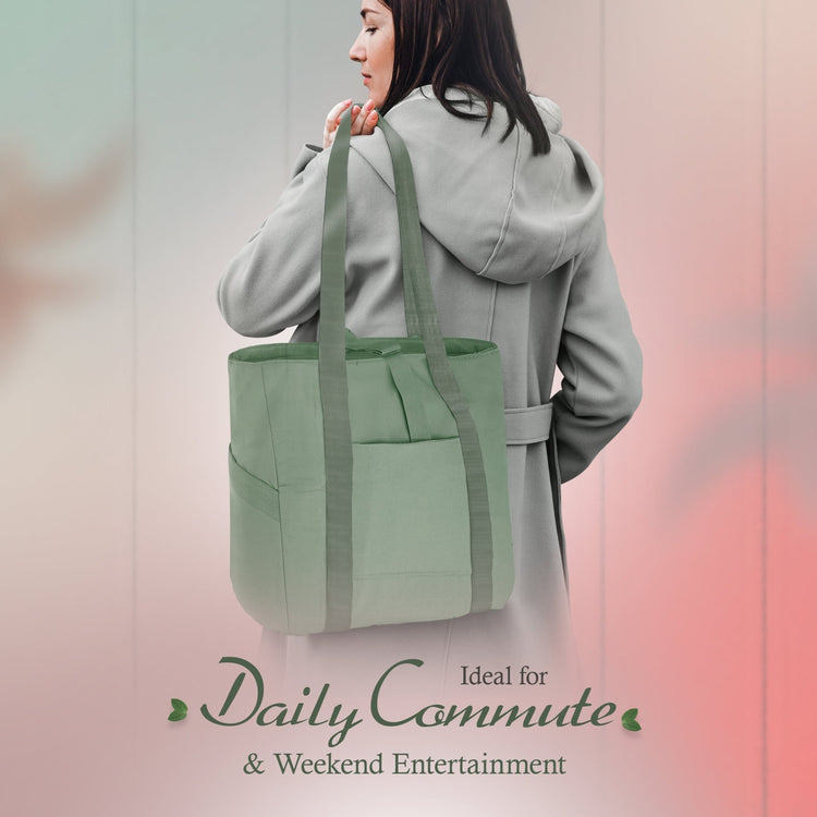 A lifestyle photo of a woman in a beige coat carrying the light green tote bag over her shoulder, viewed from behind. Text at the bottom states, "Ideal for Daily Commute & Weekend Entertainment."