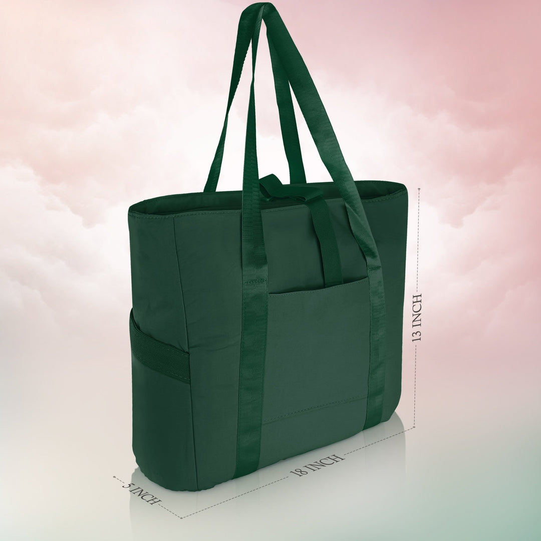A product diagram showing the dimensions of the dark green tote bag. Dashed lines indicate the bag is "18 INCH" wide at the bottom, "13 INCH" tall, and "5 INCH" deep.