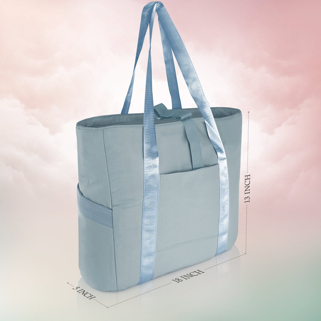 A product diagram showing the dimensions of the blue tote bag. Dashed lines indicate the bag is "18 INCH" wide at the bottom, "13 INCH" tall, and "5 INCH" deep.