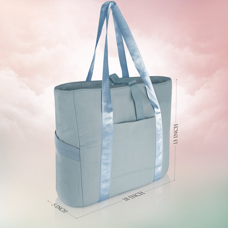 A product diagram showing the dimensions of the blue tote bag. Dashed lines indicate the bag is "18 INCH" wide at the bottom, "13 INCH" tall, and "5 INCH" deep.