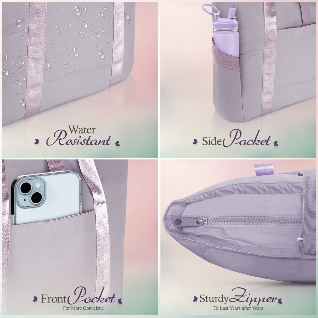 A grid layout displaying four key features of the purple tote bag. Top left: water droplets sitting on the fabric with the text "Water Resistant." Top right: a water bottle tucked into the "Side Pocket." Bottom left: a smartphone placed inside the "Front Pocket." Bottom right: a close-up of the "Sturdy Zipper."