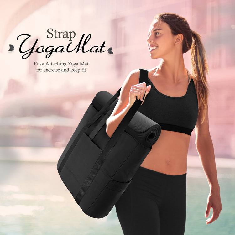 A lifestyle shot of a smiling woman in athletic wear carrying the black tote bag on her shoulder. A rolled black yoga mat is secured horizontally through the bag's straps. Text reads, "Strap Yoga Mat: Easy Attaching Yoga Mat for exercise and keep fit."