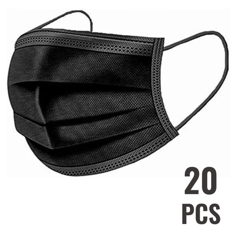 Disposable Face Mouth Masks 3-Ply with Ear Loops, Single Use Black 20 PPE Essentials