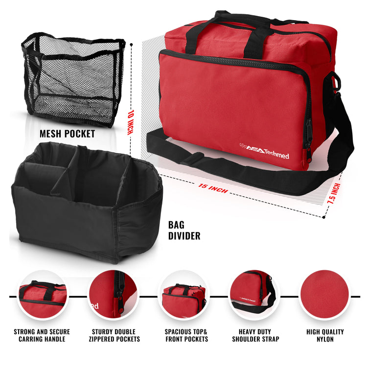 Infographic showing the red medical bag with dimensions (15x10x7.5 inches) and features like a removable divider, mesh pocket, and heavy-duty shoulder strap.