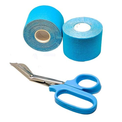 ASA Techmed 2 Rolls Kinesiology Tape with Matching Shears - Best Pain Relief Adhesive for Muscles, Shin Splints, Knee & Shoulder Light Blue Kinesiology Tape
