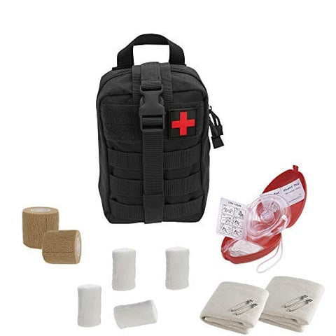 Molle Pouch CPR Rescue Kit with Adult/Child Pocket Resuscitator Mask, Cohesive Bandages, Gloves, & Wipes