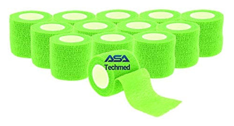 ASA TECHMED - 12 Pack, Red 2” x 5 Yards, Self-Adherent Cohesive Tape, Strong Sports Tape for Wrist, Ankle Sprains & Swelling, Self-Adhesive Bandage Rolls Green Cohesive / Self Adhesive Bandages