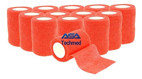 ASA TECHMED - 12 Pack, 3” x 5 Yards, Self-Adherent Cohesive Tape, Strong Sports Tape for Wrist, Ankle Sprains & Swelling, Self-Adhesive Bandage Rolls Red Cohesive / Self Adhesive Bandages