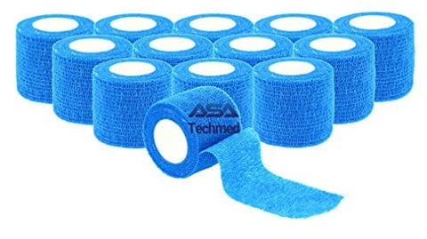 ASA TECHMED - 12 Pack, Red 2” x 5 Yards, Self-Adherent Cohesive Tape, Strong Sports Tape for Wrist, Ankle Sprains & Swelling, Self-Adhesive Bandage Rolls Blue Cohesive / Self Adhesive Bandages