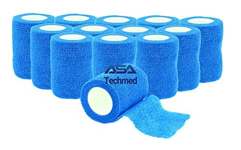 ASA TECHMED - 12 Pack, 3” x 5 Yards, Self-Adherent Cohesive Tape, Strong Sports Tape for Wrist, Ankle Sprains & Swelling, Self-Adhesive Bandage Rolls Blue Cohesive / Self Adhesive Bandages