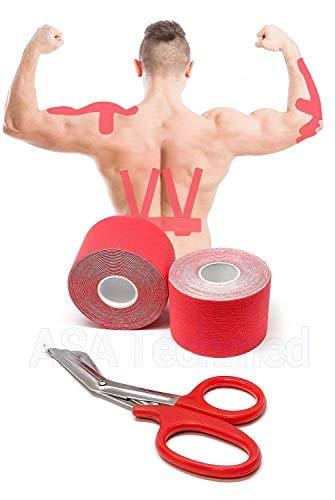ASA Techmed Sport Kinesiology Tape with Free Matching Shear - 16.5 ft Uncut Roll - Best Pain Relief Adhesive for Muscles, Shin Splints, Knee & Shoulder - 24/7 Waterproof Therapeutic Aid Red Kinesiology Tape