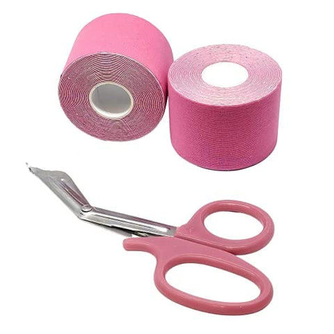 ASA Techmed 2 Rolls Kinesiology Tape with Matching Shears - Best Pain Relief Adhesive for Muscles, Shin Splints, Knee & Shoulder Pink Kinesiology Tape