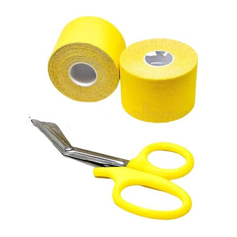 ASA Techmed 2 Rolls Kinesiology Tape with Matching Shears - Best Pain Relief Adhesive for Muscles, Shin Splints, Knee & Shoulder Yellow Kinesiology Tape