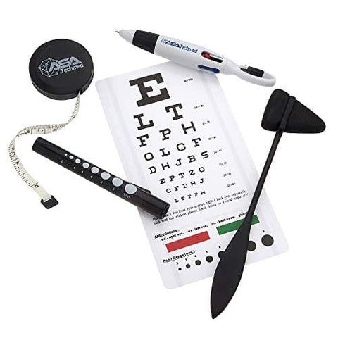 Snellen Plastic Eye Chart with LED Pupil Gauge Pen Light, Taylor Hammer, Tape Measure and 4-Color Pen Eye Charts