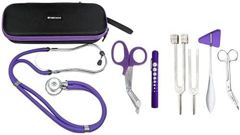 Dual Head Stethoscope with Storage Case, EMT Shears, Pen Light, Tuning Forks, Taylor Hammer, and Lister Scissors - Assorted Colors Purple Nurse Kits