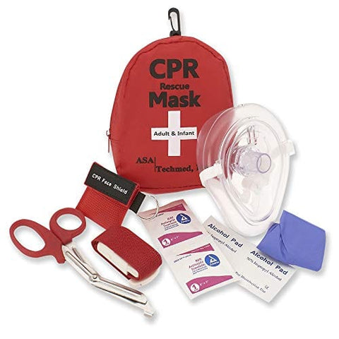 CPR Rescue Mask, Pocket Resuscitator with One Way Valve, Scissors, Tourniquet, Gloves, Wipes 1-Pack CPR Masks