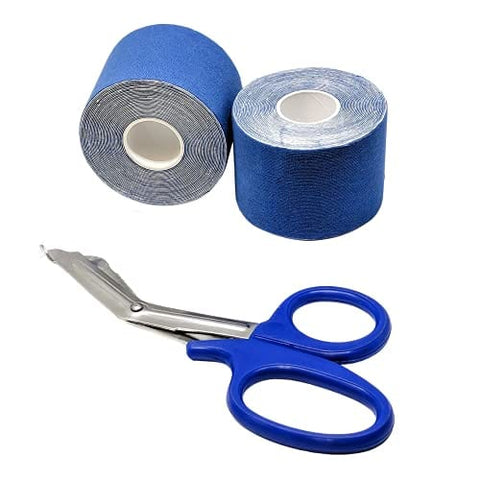 ASA Techmed 2 Rolls Kinesiology Tape with Matching Shears - Best Pain Relief Adhesive for Muscles, Shin Splints, Knee & Shoulder Blue Kinesiology Tape
