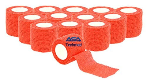 ASA TECHMED - 12 Pack, Red 2” x 5 Yards, Self-Adherent Cohesive Tape, Strong Sports Tape for Wrist, Ankle Sprains & Swelling, Self-Adhesive Bandage Rolls Red Cohesive / Self Adhesive Bandages