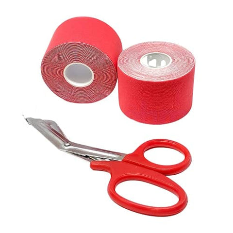 ASA Techmed 2 Rolls Kinesiology Tape with Matching Shears - Best Pain Relief Adhesive for Muscles, Shin Splints, Knee & Shoulder Red Kinesiology Tape
