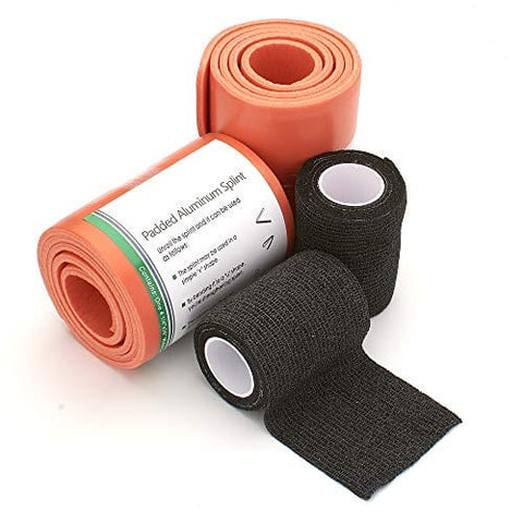 Universal Aluminum Rolled Emergency Splint and 2 Self-Adherent Cohesive Tape Rolls - Ideal Wrap for Sports, First Aid, Pets Black Splints