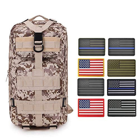 ASA Techmed Rucksack Military Tactical Molle Bag Backpack Waterproof Pouch + 8 U.S. Flag Patches for Outdoors, Hiking, Travel Tan Multicam Sports