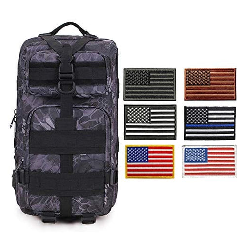 ASA Techmed Tactical Backpack with Waterproof Pouch + 6 Embroidered U.S. Flag Patches for Outdoors, Travel Grey Snake Sports