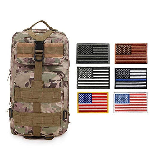 ASA Techmed Tactical Backpack with Waterproof Pouch + 6 Embroidered U.S. Flag Patches for Outdoors, Travel Brown Camo Sports