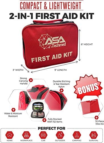 ASA Techmed 2-in-1 First Aid Kit (120 Piece) + Bonus 32-Piece Mini First Aid Kit: Compact, Lightweight for Emergencies at Home, Outdoors, Car, Camping, Workplace, Hiking & Survival First Aid Kits