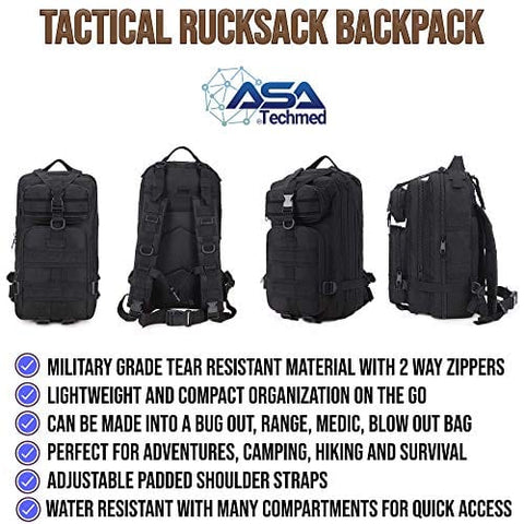 ASA Techmed Rucksack Military Tactical Molle Bag Backpack Waterproof Pouch + 8 U.S. Flag Patches for Outdoors, Hiking, Travel Sports