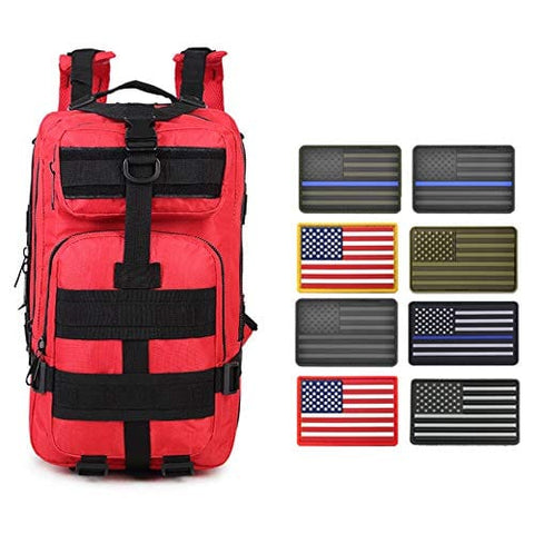 ASA Techmed Rucksack Military Tactical Molle Bag Backpack Waterproof Pouch + 8 U.S. Flag Patches for Outdoors, Hiking, Travel Red Sports
