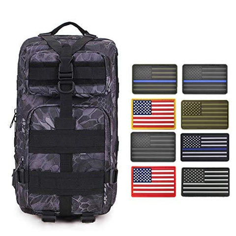 ASA Techmed Rucksack Military Tactical Molle Bag Backpack Waterproof Pouch + 8 U.S. Flag Patches for Outdoors, Hiking, Travel Grey Snake Sports