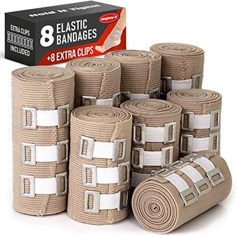 Premium Elastic Bandage Wrap - 8 Pack + 8 Extra Clips - Durable Compression Bandage (4X - 3 inch, 4X - 4 inch Rolls) Stretches up to 15ft in Length Cohesive / Self Adhesive Bandages
