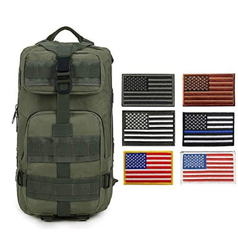 ASA Techmed Tactical Backpack with Waterproof Pouch + 6 Embroidered U.S. Flag Patches for Outdoors, Travel Army Green Sports
