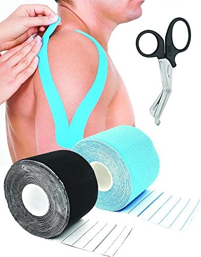 Kinesiology Tape Black & Blue (2 Rolls), Elastic Therapeutic Sports Tape for Knee Shoulder and Elbow, Breathable, Water Resistant, Latex Free, 2" x 82' feet Per Roll Free EMT Shear Kinesiology Tape
