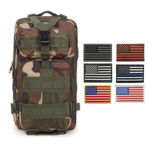 ASA Techmed Tactical Backpack with Waterproof Pouch + 6 Embroidered U.S. Flag Patches for Outdoors, Travel Olive Camo Sports