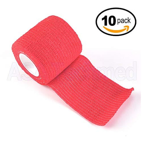 ASA TECHMED - 10 Pack, 2” x 5 Yards, Self-Adherent Cohesive Tape, Strong Sports Tape for Wrist, Ankle Sprains & Swelling, Self-Adhesive Bandage Rolls … Red Cohesive / Self Adhesive Bandages
