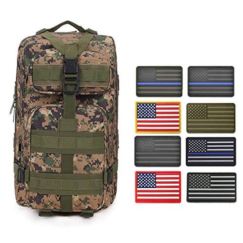 ASA Techmed Rucksack Military Tactical Molle Bag Backpack Waterproof Pouch + 8 U.S. Flag Patches for Outdoors, Hiking, Travel Green Multicam Sports