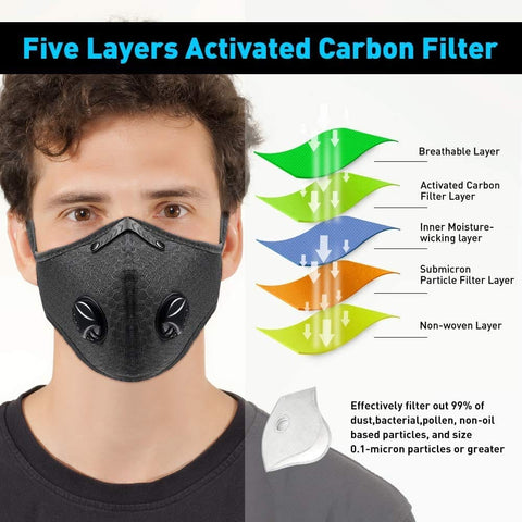 Cycling Dust Mask Sports Face Cover Mask with 6 Filters - Black Face Masks