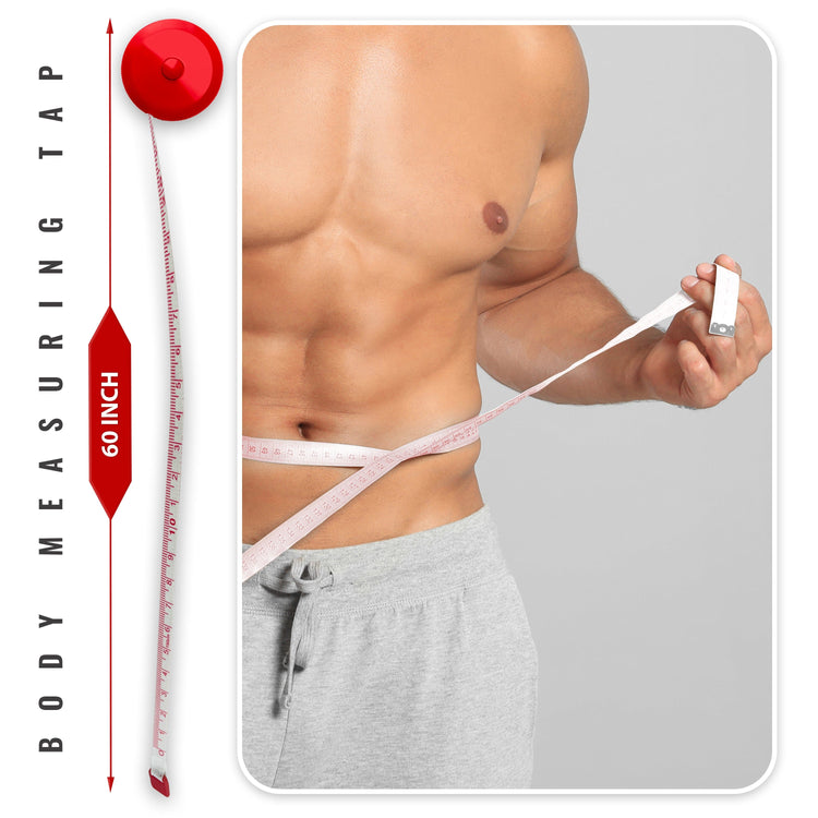 A red 60-inch retractable body measuring tape displayed alongside a medical penlight with a carabiner clip.